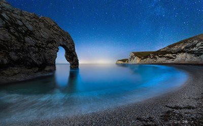 4k, Durdle Door, night, coast, cliffs, Dorset, England, UK