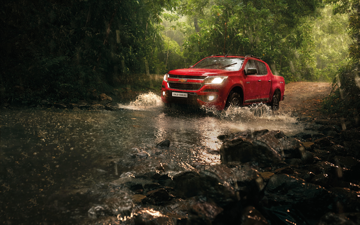 Chevrolet Colorado, 2019, front view, new red Colorado, pick-up, off-road, water ride, Chevrolet