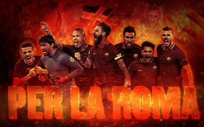 AS Roma, italian football club, art, Roma football players, Serie A, Italy, Daniele De Rossi, Edin Dzeko, Alessandro Florenzi