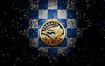 Toronto Blue Jays, glitter logo, MLB, blue white checkered background, USA, canadian baseball team, Toronto Blue Jays logo, mosaic art, baseball, Canada