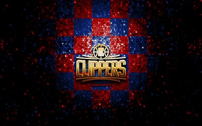 Los Angeles Clippers, glitter, logo, NBA, rosso, blu, sfondo a scacchi, USA, canadese squadra di basket Los Angeles Clippers logo, il mosaico, il basket, l&#39;America, LA Clippers