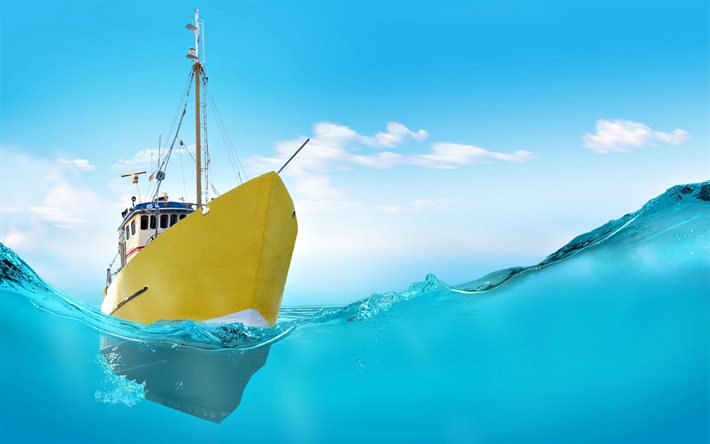 keltainen vene, meri, vedenalainen maailma, 3D art, luova, keltainen laiva, vene mereen