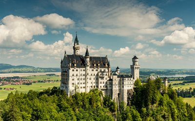 Neuschwanstein Castle, beautiful castle, blue sky, mountain landscape, romantic castle, Neuschwanstein, Hohenschwangau, Bavaria, Germany