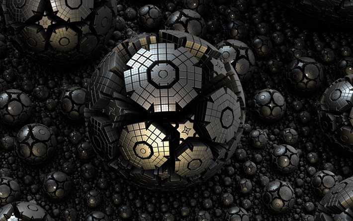 gray spheres, 4k, fractals, artwork, 3D art, creative, fractal art, gray backgrounds, 3D balls, 3D spheres