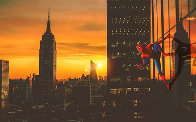 Spiderman &#224; New York, 4k, Spider-Man, fan art, aventure, coucher de soleil, les super-h&#233;ros, Spiderman