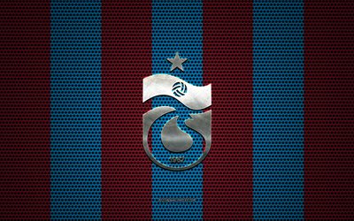 Trabzonspor logo, Turkish football club, metal emblem, red-blue metal mesh background, Super Lig, Trabzonspor, Turkish Super League, Trabzon, Turkey, football