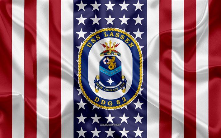 uss lassen-emblem, ddg-82, american flag, us-navy, usa, uss lassen abzeichen, us-kriegsschiff, wappen des uss lassen