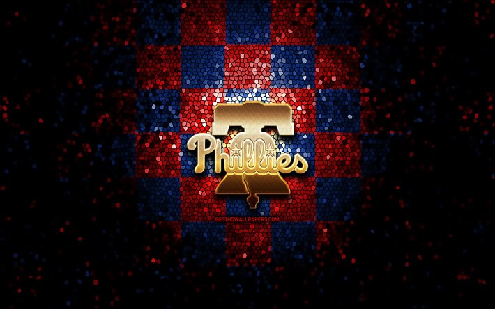 Philadelphia Phillies uusi logo, 2020, glitter-logo, MLB, sininen punainen ruudullinen tausta, USA, Philadelphia Phillies, amerikkalainen baseball-joukkue, Philadelphia Phillies-logo, mosaiikki taidetta, baseball, Amerikassa