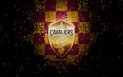 Cleveland Cavaliers, glitter logo, NBA, purple yellow checkered background, USA, american basketball team, Cleveland Cavaliers logo, CAVS logo, mosaic art, basketball, America, CAVS