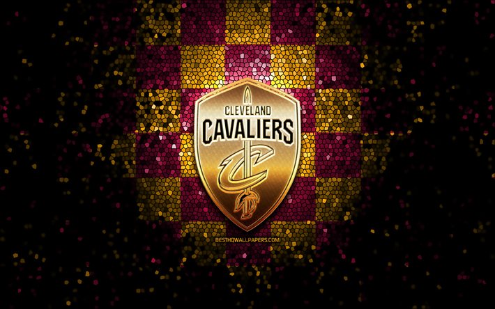 Cleveland Cavaliers, glitter logo, NBA, mor, sarı damalı arka plan, ABD, Amerikan Basketbol Takımı, Cleveland Cavaliers logo, CAVS logo, mozaik sanatı, basketbol, Amerika, CAVS