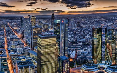 Frankfurt am Main, 4k, puesta de sol, rascacielos, ciudades alemanas, skyline de Frankfurt, Alemania, Europa, Frankfurt, en la noche, HDR