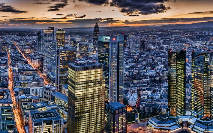 Frankfurt am main, 4k, coucher de soleil, gratte-ciel, les villes allemandes, skyline de Francfort, en Allemagne, en Europe, &#224; Francfort, dans le soir, HDR
