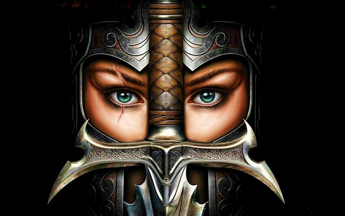 female warrior, scar, sword, darkness, helmet, girl with scar, warriors