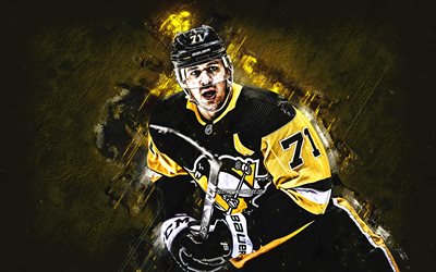 Evgeni Malkin, Pittsburgh Penguins, NHL, Russian hockey player, portrait, yellow stone background, hockey