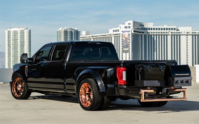 Ford F-350 Super Duty, Crew Cab, Extang Truck Bed Covers, black pickup truck, exterior, rear view, tuning F-350, bronze wheels, american cars, Ford