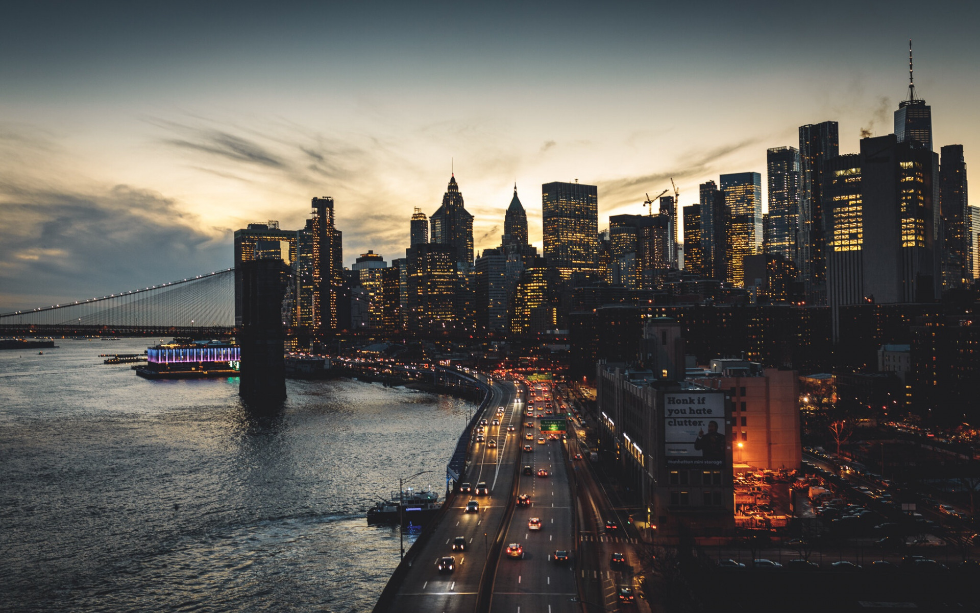 Download wallpapers New York, Brooklyn Bridge, Manhattan, evening ...