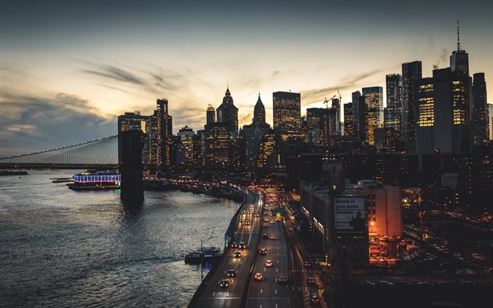 New York, Brooklyn, Ponte, Manhattan, sera, tramonto, moderni edifici, grattacieli, One World Trade Center, Uno WTC, la Freedom Tower di New York, orizzonte, USANY