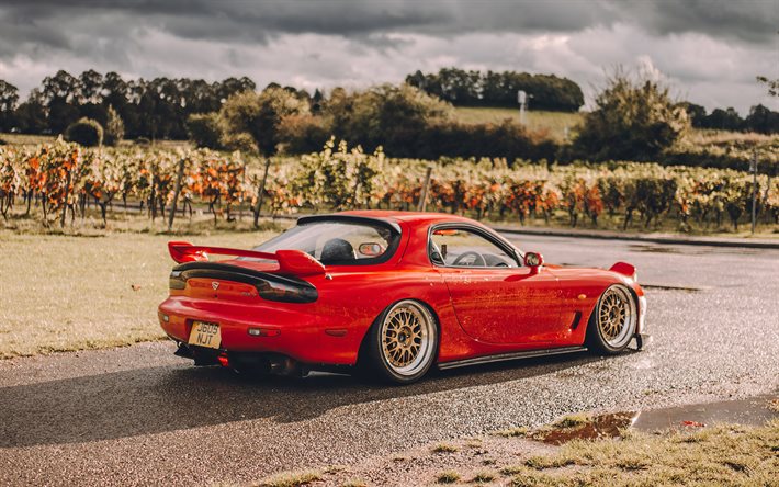 Mazda RX-7, rear view, red sports coupe, RX-7 tuning, red RX-7, bronze wheels, Japanese sports cars, Mazda