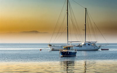 white sailboat, white yacht, sunset, evening, seascape, mountain landscape, summer