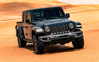 Jeep Gladiator, 2020, フロントビュー, 外観, SUV, 新しい黒Gladiator, 砂漠, アメリカ車, ジープ
