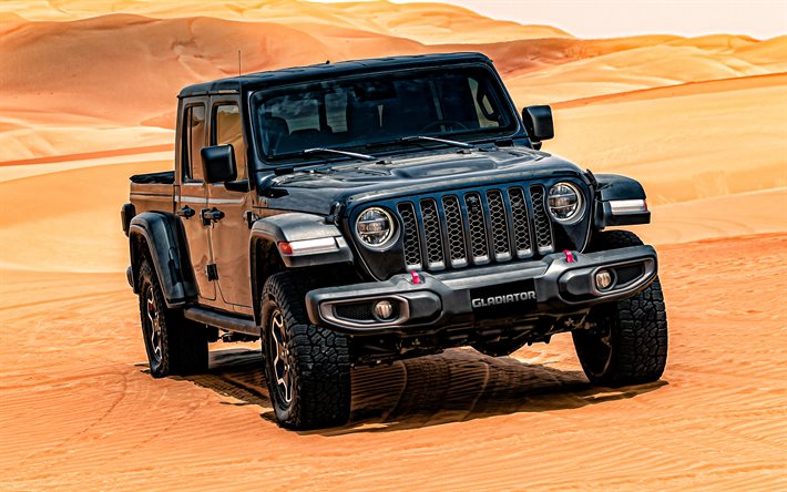 Jeep Gladiator, 2020, front view, exterior, SUV, new black Gladiator, desert, american cars, Jeep