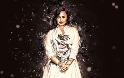 4k, Demi Lovato, 2020, american c&#233;l&#233;brit&#233;s, stars de cin&#233;ma, de la beaut&#233;, Madelaine Grobbelaar Petsch, fan art, n&#233;on blanc, l&#39;actrice am&#233;ricaine, superstars, Demi Lovato 4K
