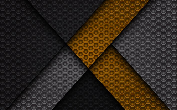 4k, material design, metal grid pattern, black and yellow, lollipop, lines, geometric shapes, geometry, creative, strips, black backgrounds, abstract art