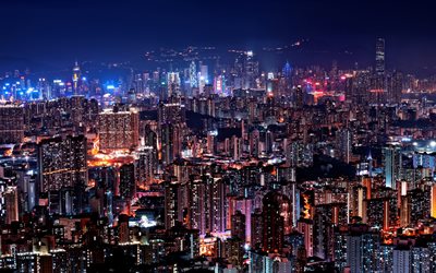 香港, 4k, 夜, 香港の街並み, 大都市, 街の灯, 高層ビル群, スカイライン