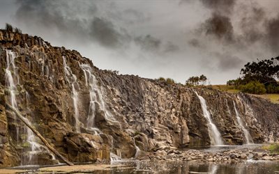 rocks, waterfall, lake, cloudy weather, clouds, beautiful waterfall, mountain waterfall