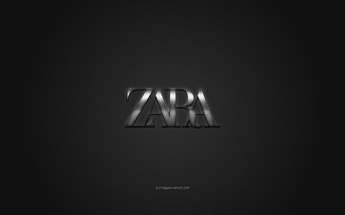 Zara logo, metal amblem, giyim markası, siyah karbon doku, global hazır giyim markaları, Zara, moda kavramı, Zara amblemi