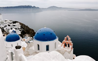 Santorini, Aegean Sea, Thira, white buildings, greek church, seascape, morning, sunrise, Greece, South Aegean
