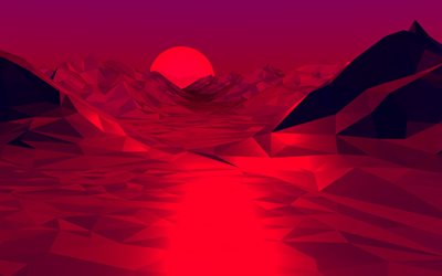 punainen abstrakti maisema, 4k, kuu, vuoret, desert, low poly maisema, abstrakti luonto, low-poly art, abstrakti 3D maisema