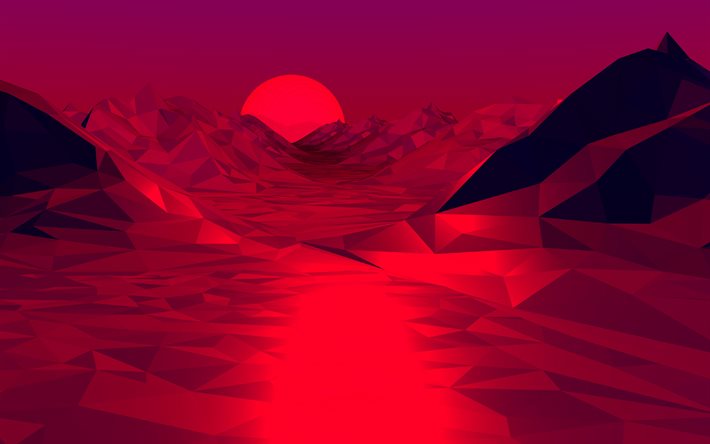 赤抽象風景, 4k, 月, 山々, 砂漠, 低いポリ風景, 抽象性, 低のポリア, 概要3D風景