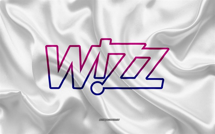 Wizz Air logo, d&#39;une compagnie a&#233;rienne, de soie blanche, la texture, la compagnie a&#233;rienne logos, Wizz Air, embl&#232;me du fond de soie, de la soie du drapeau