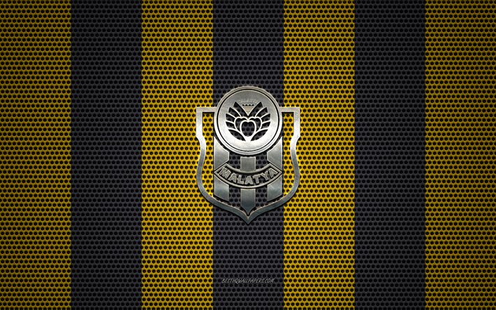 Yeni Malatyaspor logo, Turkish football club, metal emblem, yellow-black metal mesh background, Super Lig, Yeni Malatyaspor, Turkish Super League, Malatya, Turkey, football