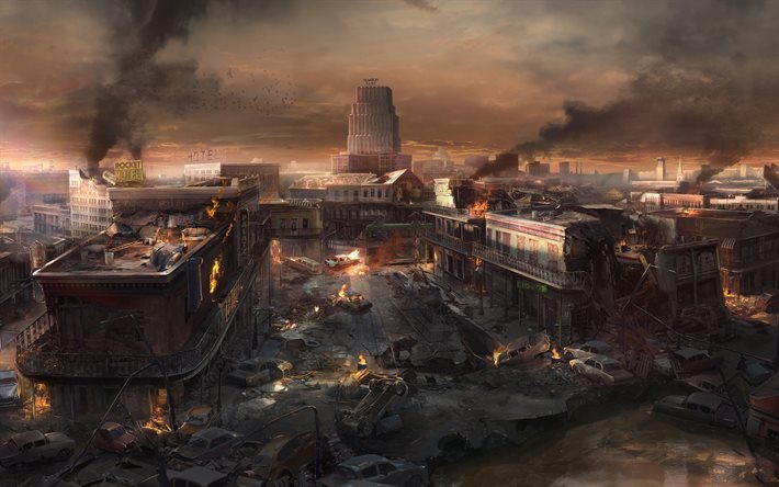 Wolfenstein II, cartaz, promo, apocalipse, cidade em ru&#237;nas, cidade destru&#237;da