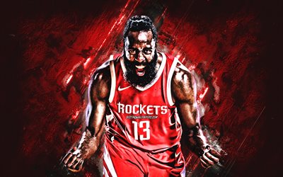 James Harden, Houston Rockets, American basketball player, portrait, NBA, basketball, red creative background, USA