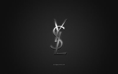 Yves Saint Laurent logotyp, metall emblem, kl&#228;der varum&#228;rke, svart carbon textur, globala varum&#228;rken kl&#228;der, Yves Saint Laurent, modekoncept, Yves Saint Laurent emblem