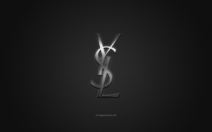 Descargar fondos de pantalla Yves Saint Laurent logotipo, emblema de metal,  marca de ropa, el carbono negro, la textura, el mundial de marcas de ropa,  Yves Saint Laurent, concepto de la moda,