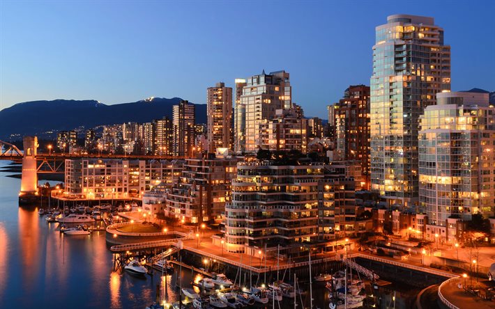 Vancouver, akşam, G&#252;n batımı, modern binalar, defne, yatlar, şehir Vancouver, Kanada