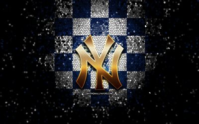 New York Yankees, glitter, logo, MLB, blu, bianco, sfondo a scacchi, stati UNITI, americano, squadra di baseball dei New York Yankees logo, il mosaico, il baseball, l&#39;America, NY Yankees