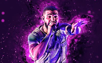 Drake, 4k, rapero canadiense, concierto, estrellas de la m&#250;sica, Aubrey Drake Graham, Drake con micr&#243;fono, violeta neon ligns, creativo, Drake 4K