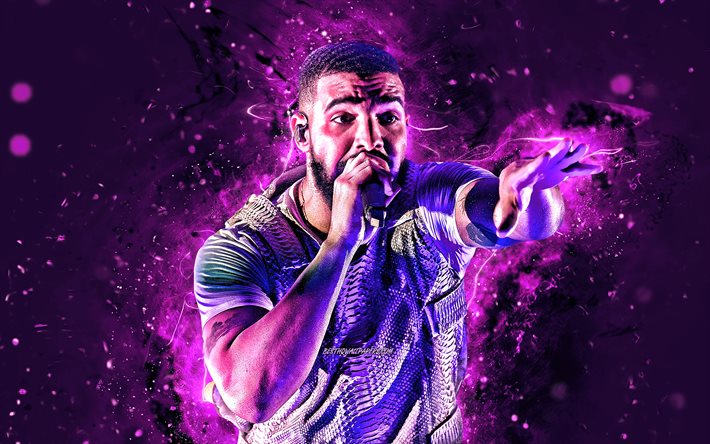 Drake, 4k, canadian rapper, concert, music stars, Aubrey Drake Graham, Drake with microphone, violet neon ligns, creative, Drake 4K