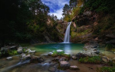 waterfall in the forest, evening, sunset, forest, rocks, waterfall, mountain waterfall