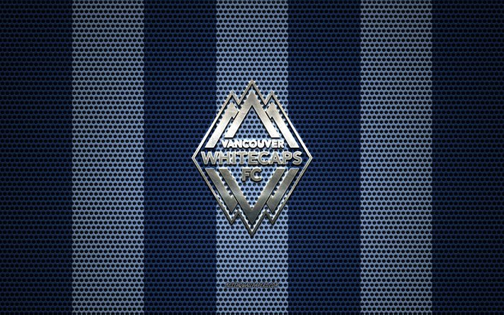 Vancouver Whitecaps FC logo, Canadian soccer club, metal emblem, blue metal mesh background, Vancouver Whitecaps FC, MLS, Vancouver, British Columbia, Canada, USA, soccer