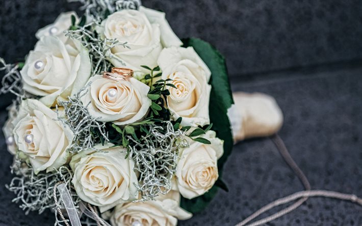 wedding bouquet of roses, white roses, golden wedding rings, bridal bouquet, wedding, beautiful white flowers, roses