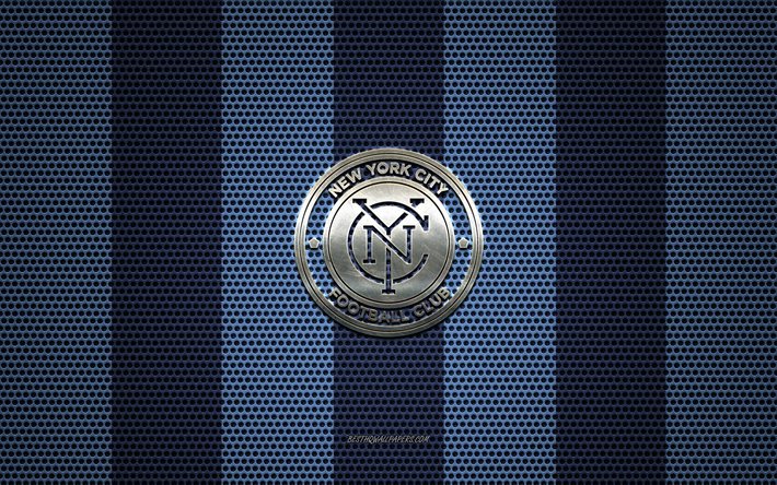 New York City FC logo, American soccer club, metal emblem, blue metal mesh background, New York City FC, MLS, New York, USA, soccer