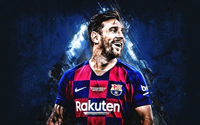 Lionel Messi, FC Barcelona, Argentinean soccer player, world football star, portrait, blue creative stone background, Champions League, La Liga, football, Leo Messi
