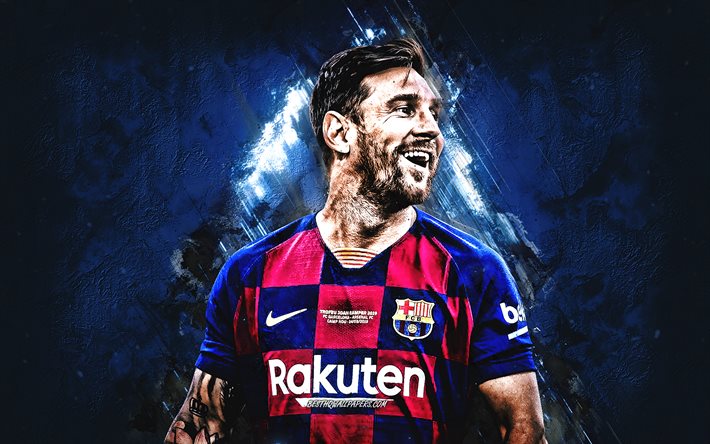 Lionel Messi, FC Barcelona, Arjantinli futbolcu, D&#252;nya Futbol yıldızı, portre, mavi yaratıcı taş arka plan, Şampiyonlar Ligi, UEFA, futbol, Leo Messi