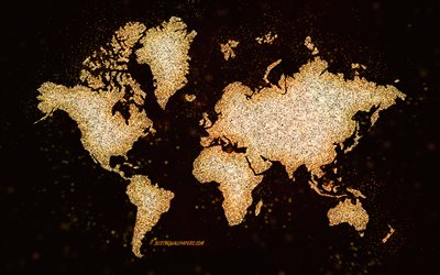 Mondo glitter mappa, sfondo nero, mappa del Mondo, giallo di scintillio di arte, Mondo, mappa dei concetti, creativo, arte, mappa gialla continenti mappa
